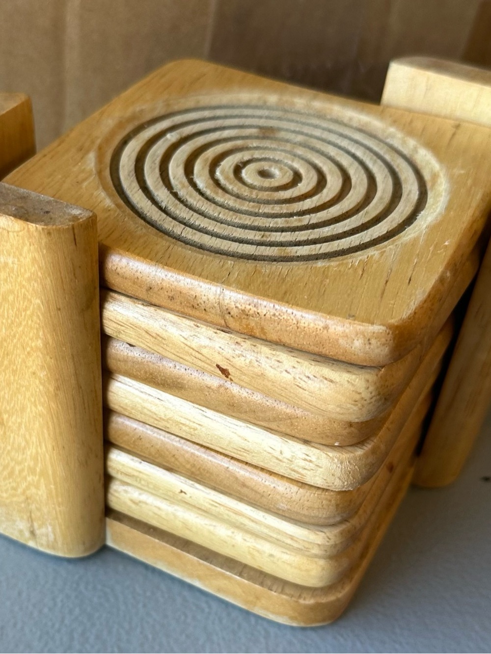 Vintage Wooden Square Coasters Set with Holder - Natural Light Brown